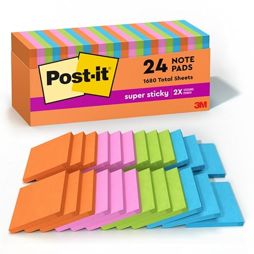 Post-it Super Sticky Notes, 24 Pads, 3x3 in, Bright Colors for Kanban Boards and Visual Management