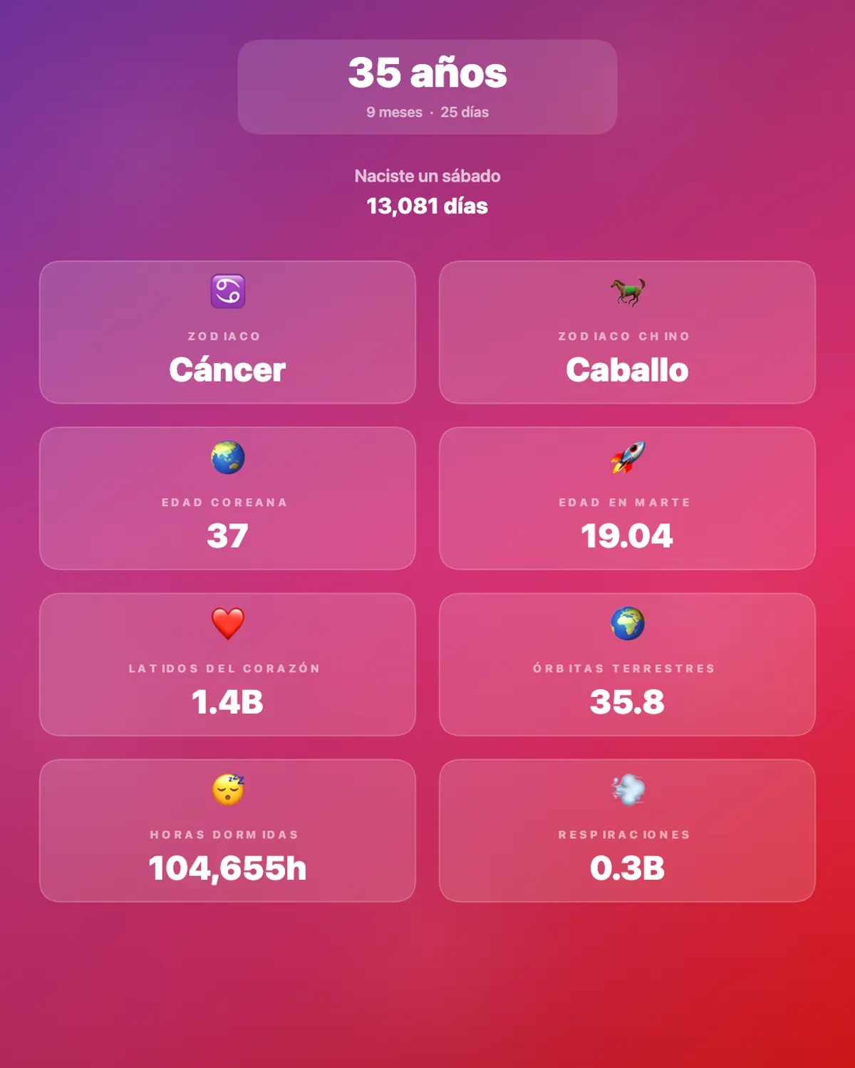 Example of the Instagram export feature; the calculator generates a shareable card with your age, zodiac, and planetary stats