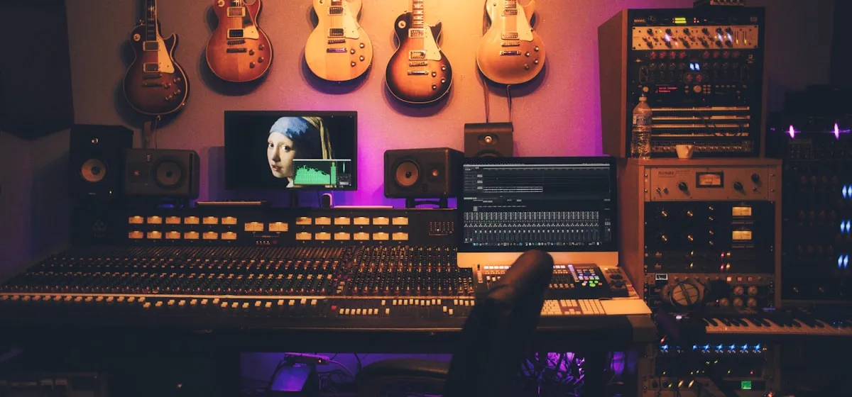 A mixing console in a recording studio with warm lighting