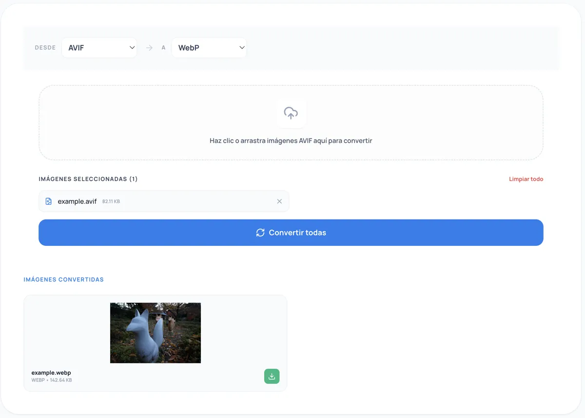 Outil de conversion AVIF de Kitmul montrant une conversion AVIF vers WebP avec le resultat converti