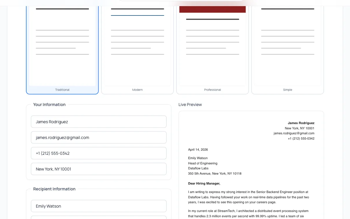 Cover Letter Generator with Traditional template and filled-in letter