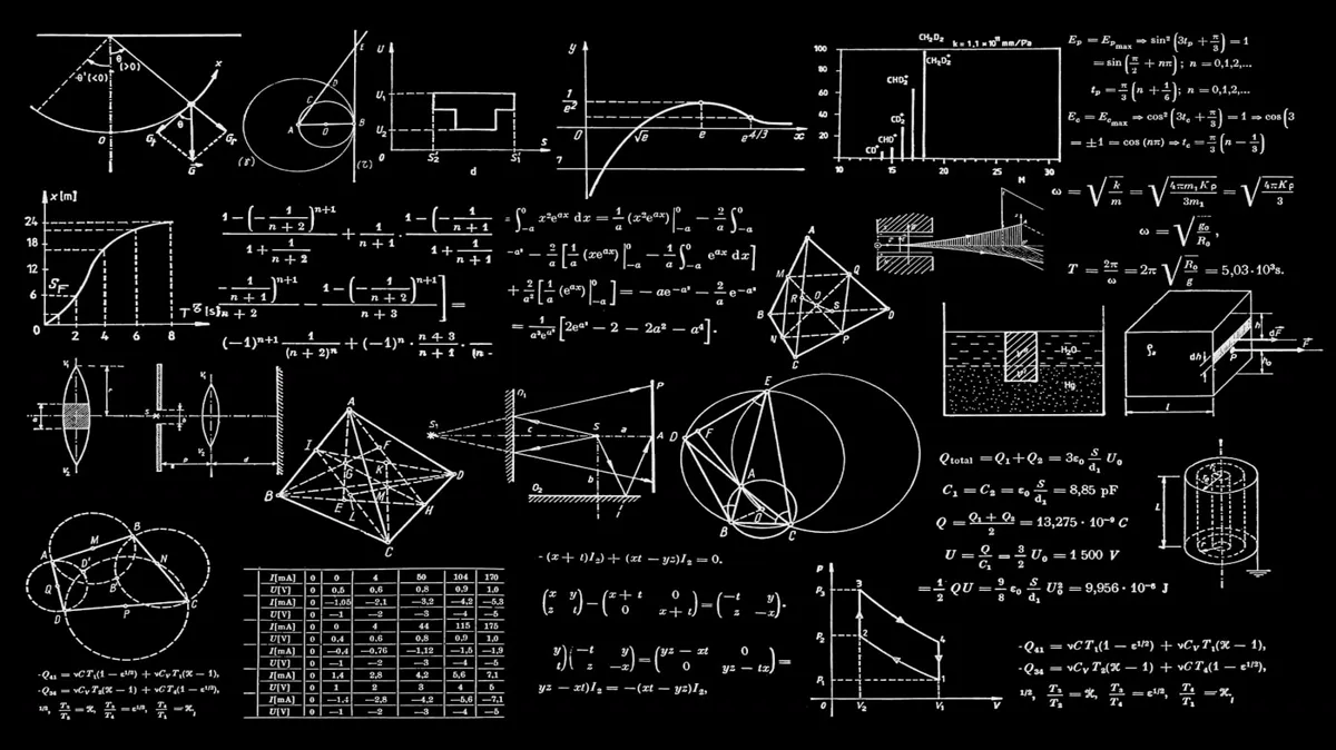 Physik- und Mathematikgleichungen auf schwarzem Hintergrund; die formale Schicht, die deterministisches, probabilistisches und Quantenrechnen vereint