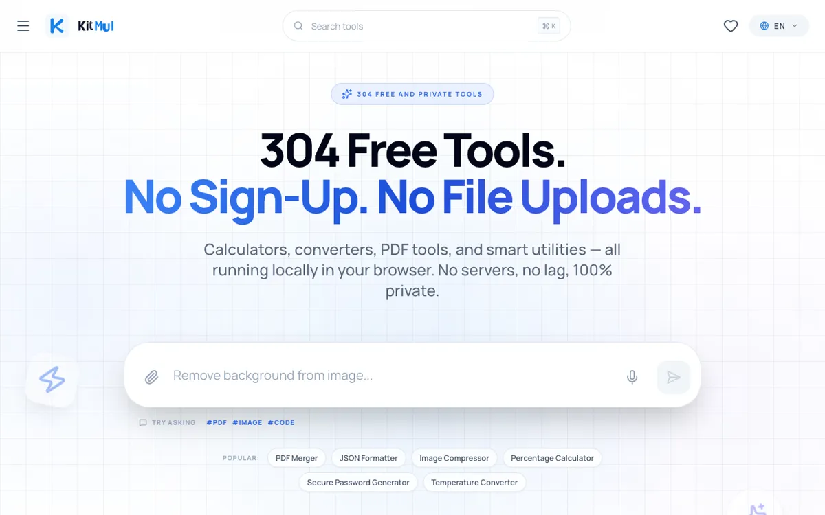 Kitmul homepage: 304 free tools, no sign-up, no file uploads