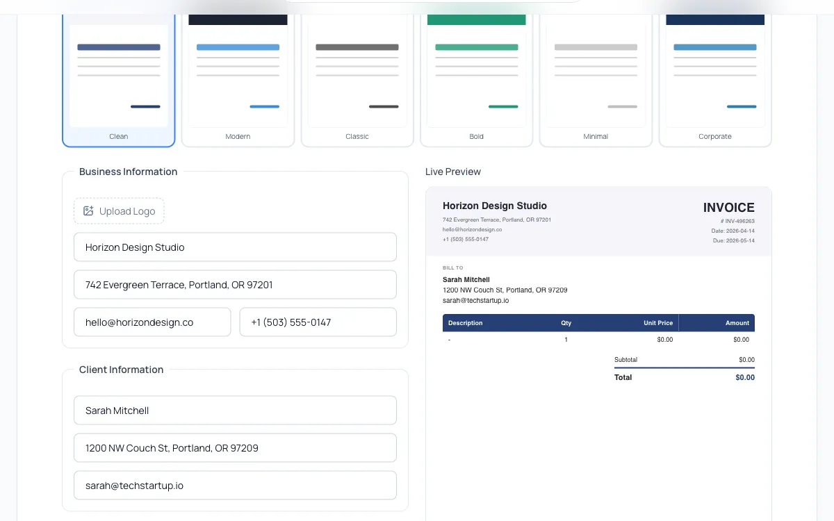 Invoice Generator with live preview showing a completed invoice with templates