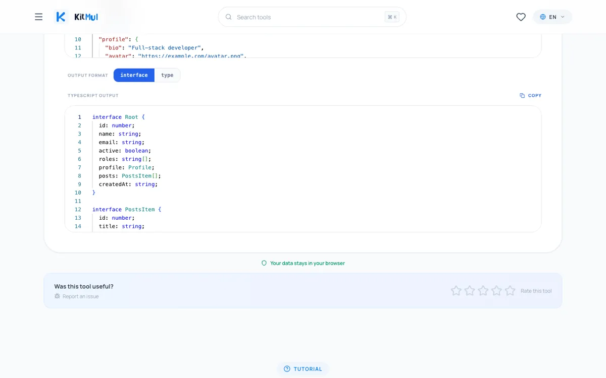 Die TypeScript-Ausgabe zeigt interface Root mit getypten Feldern, verschachtelte Profile- und Social-Interfaces und einen PostsItem-Array-Typ; der Interface/Type-Toggle erlaubt den Wechsel zwischen beiden Formaten