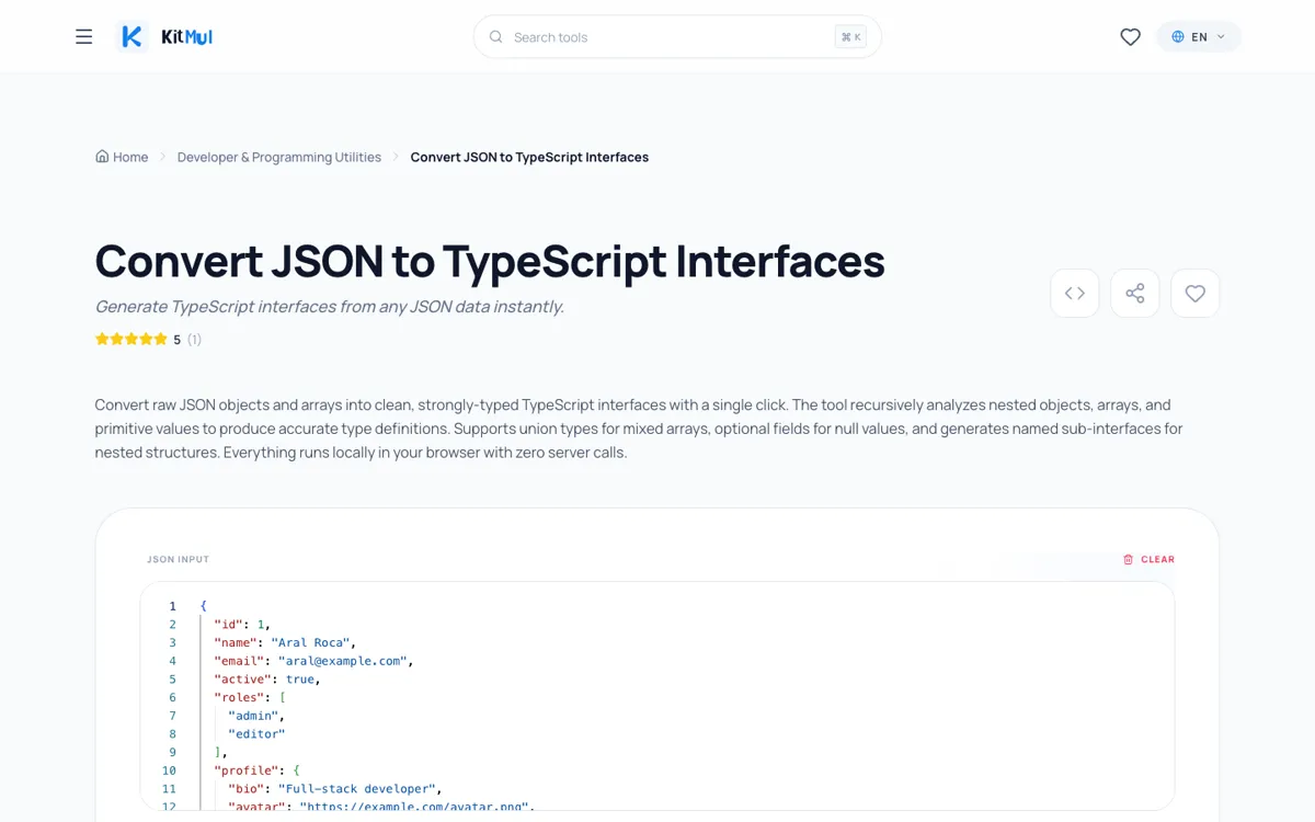 Der JSON-zu-TypeScript-Konverter zeigt ein verschachteltes Benutzerobjekt mit Profildaten, Social-Links und Posts-Array; Monaco-Editor mit Syntax-Highlighting, Interface/Type-Toggle und generierter TypeScript-Ausgabe