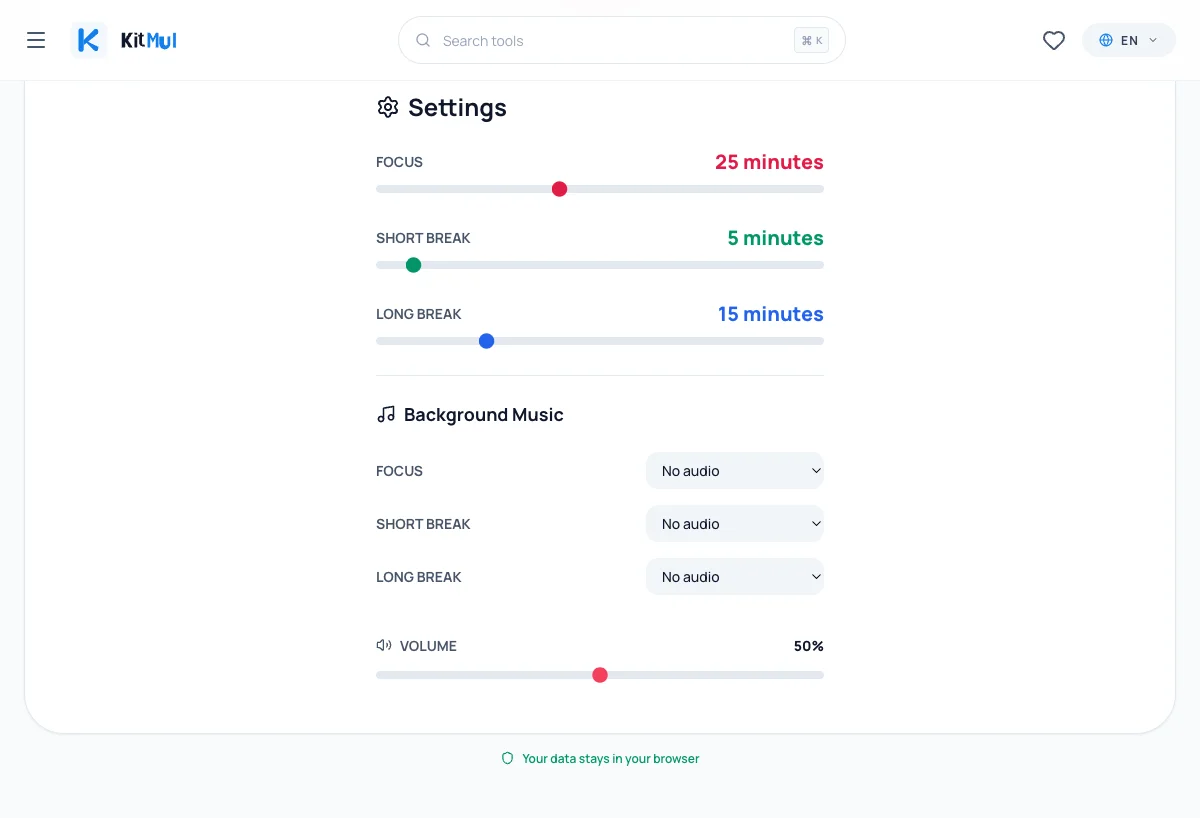 Settings panel showing background music selection per mode and volume control