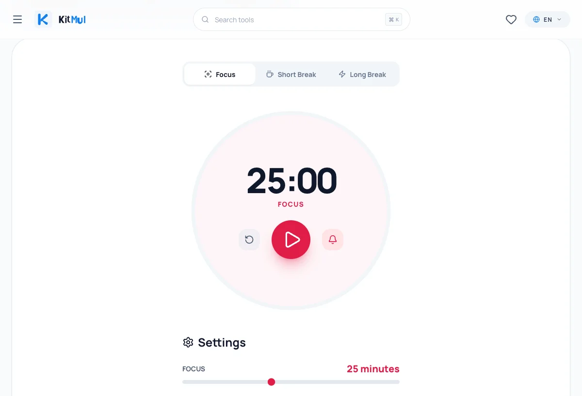 The Pomodoro Timer in focus mode; 25 minutes on the clock, no distractions in sight