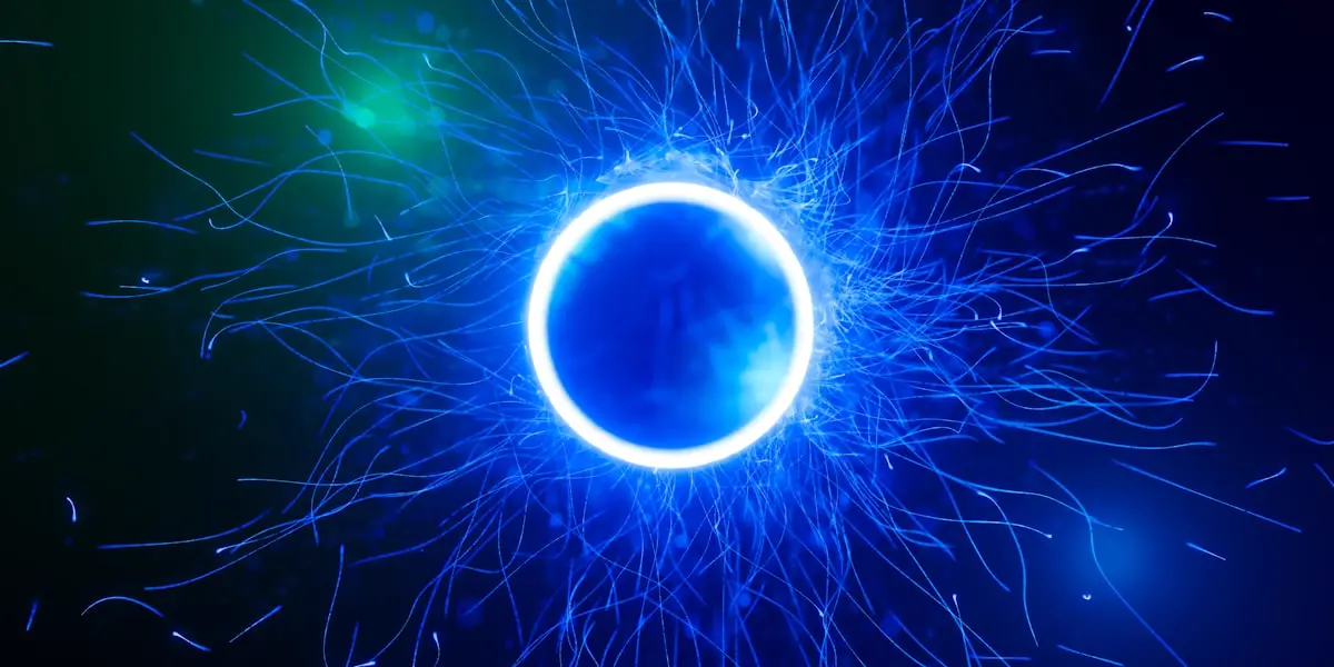 Blue energy sphere radiating quantum entanglement tendrils; the visual metaphor every physics textbook wishes it could render