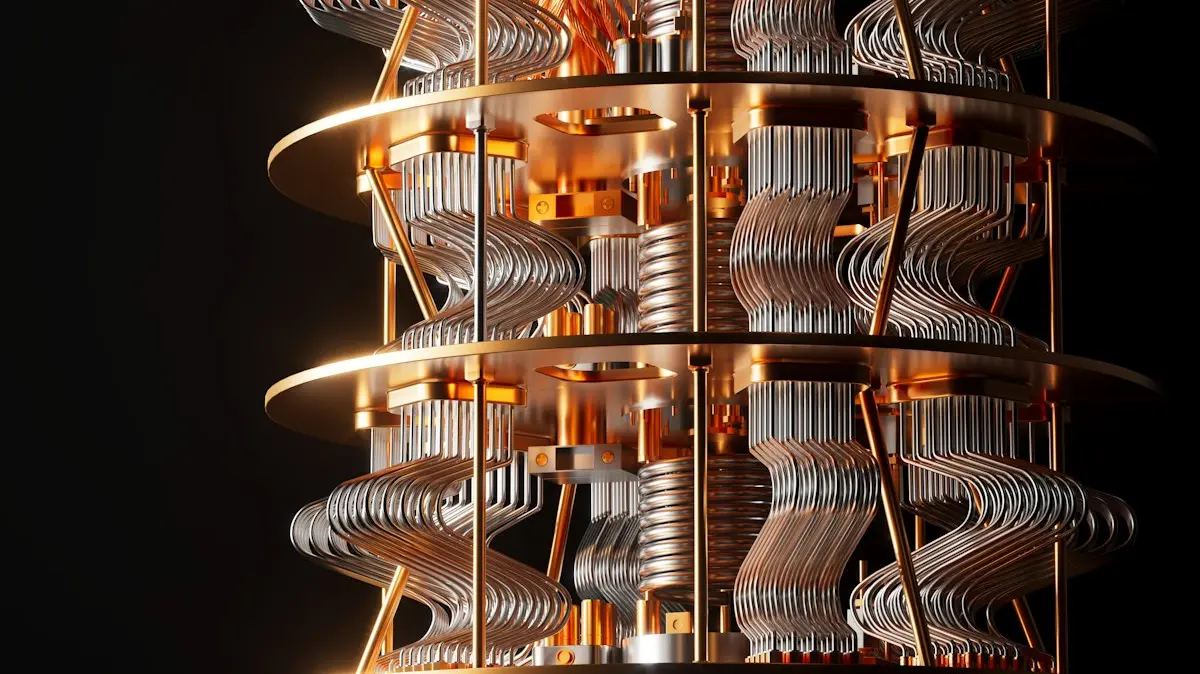 A quantum computer cryostat chandelier; gold-plated copper wiring and superconducting coils cooled to millikelvins above absolute zero