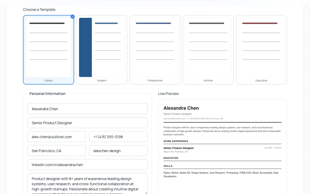Resume Builder with Classic template and live preview