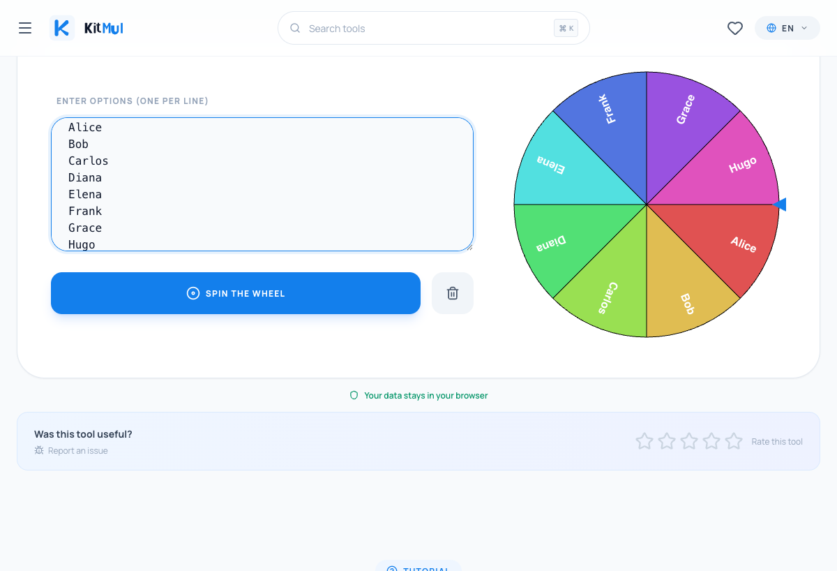 La herramienta Gira la Rueda con ocho nombres cargados; Alice, Bob, Carlos, Diana, Elena, Frank, Grace y Hugo listos para ser elegidos al azar